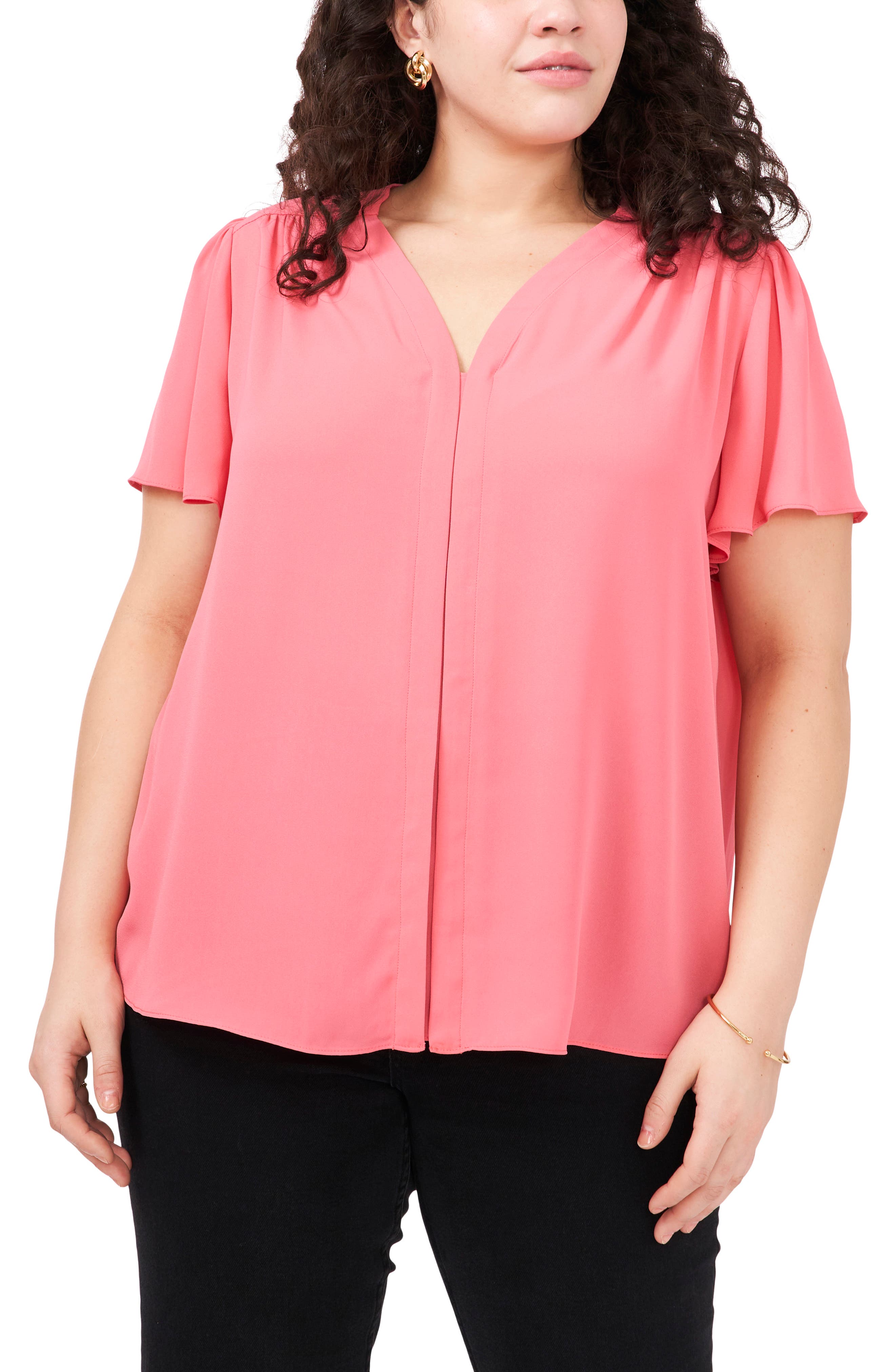 Womens Plus Size Peach Floral Top with Necklace 2XL Ruffled Neckline Stretch